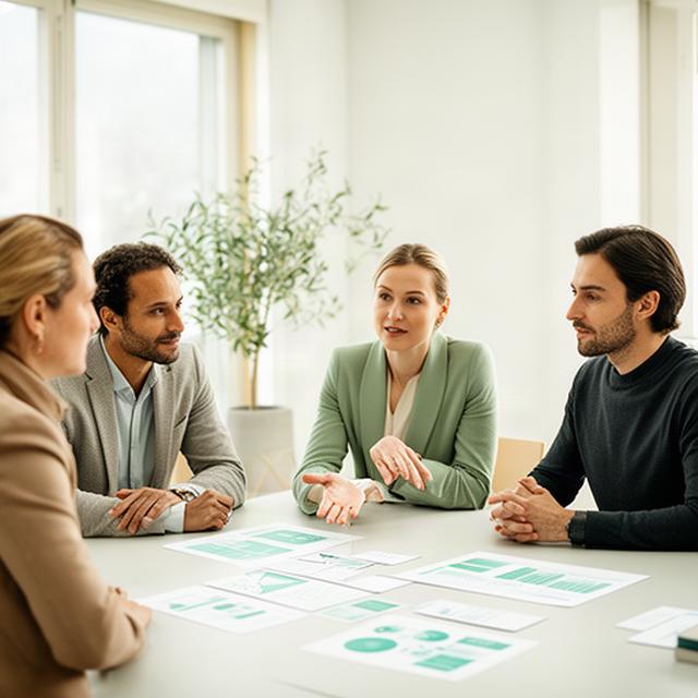 Beratungsteam bespricht digitale Prozesse und Nachhaltigkeitsziele in einem hellen Schweizer Sitzungszimmer