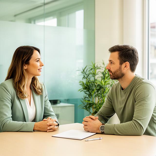 Beraterin im hellen Besprechungsraum in Wohlen beim persönlichen Austausch mit einem KMU-Unternehmer